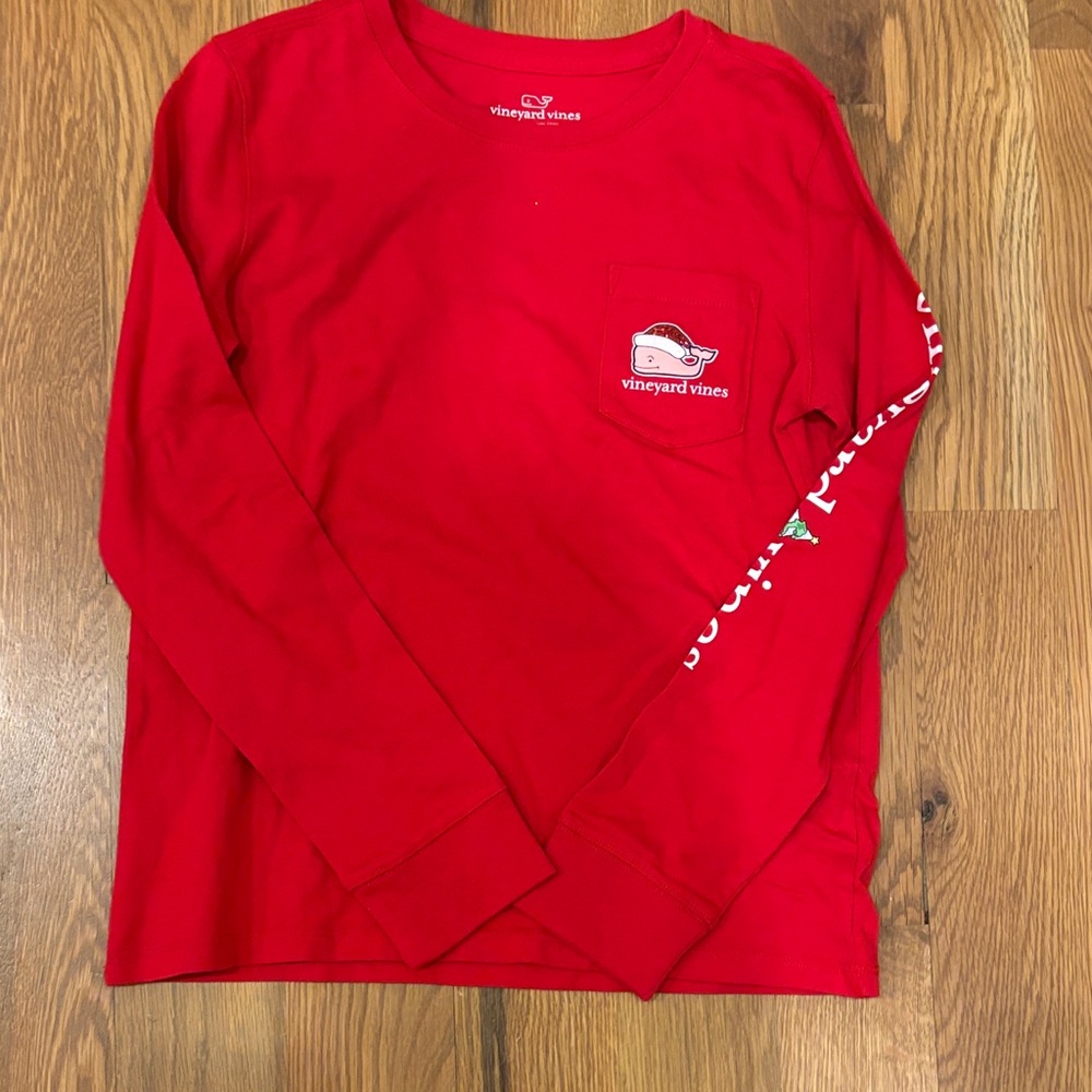 Vineyard Vines Girls Glitter Santa Red Long Sleeve Tee